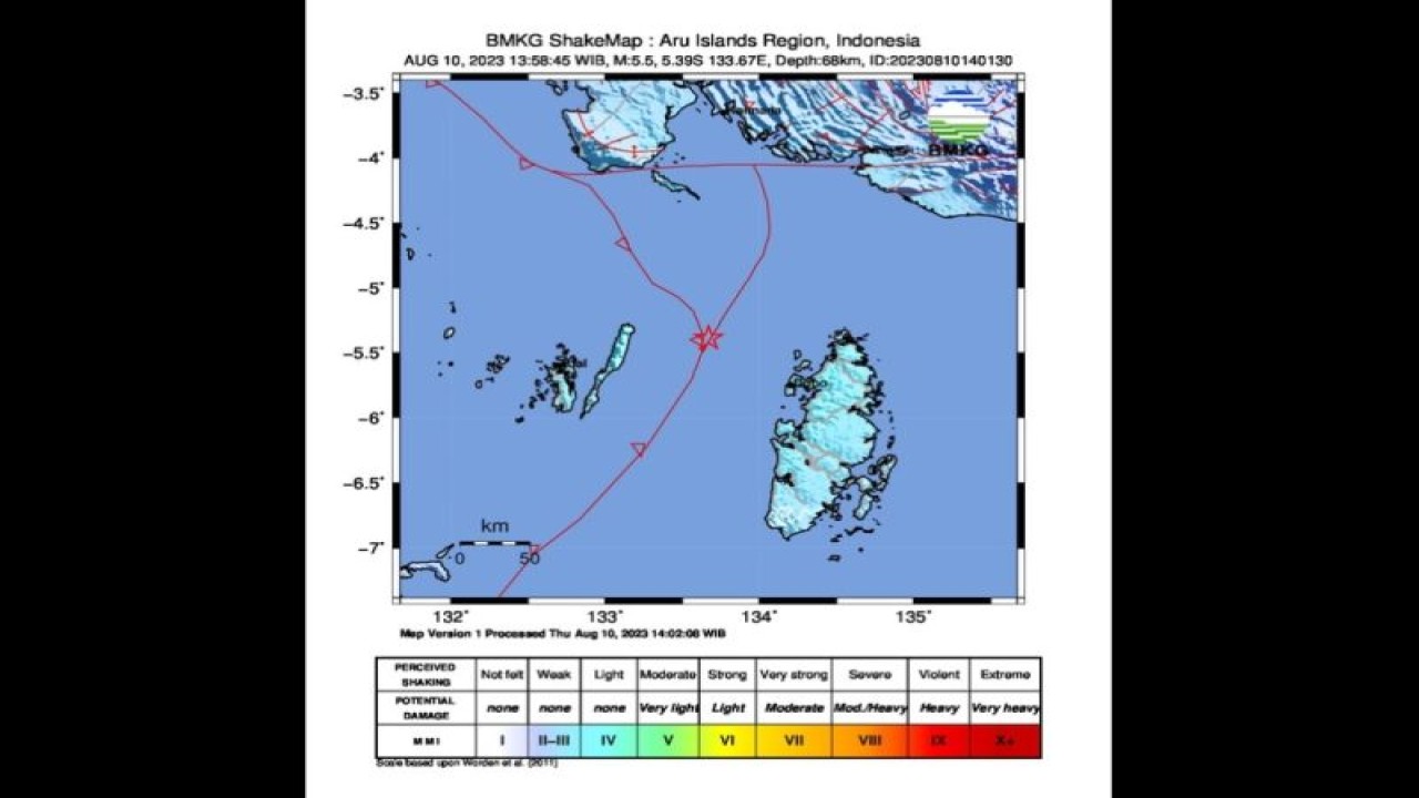 Peta pusat gempa berlokasi di laut dengan magnitudo 5,5 di wilayah Kepulauan Aru, Maluku, Kamis (10/8/2023). (ANTARA/HO-BMKG)