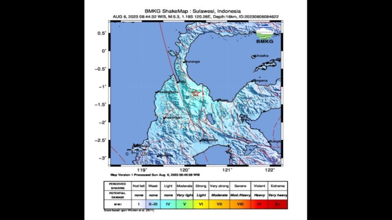 Peta pusat gempa di wilayah timur laut Sigi, Sulawesi Tengah, Minggu (6/8/2023). (ANTARA/HO-BMKG)