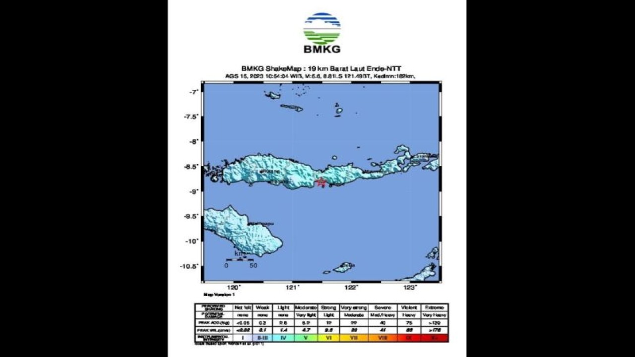 Tangkapan layar - Peta pusat gempa di wilayah pantai selatan Ende, NTT dengan parameter update M5,6 yang dirilis BMKG, Selasa (16/8/2023). (ANTARA/HO-BMKG)