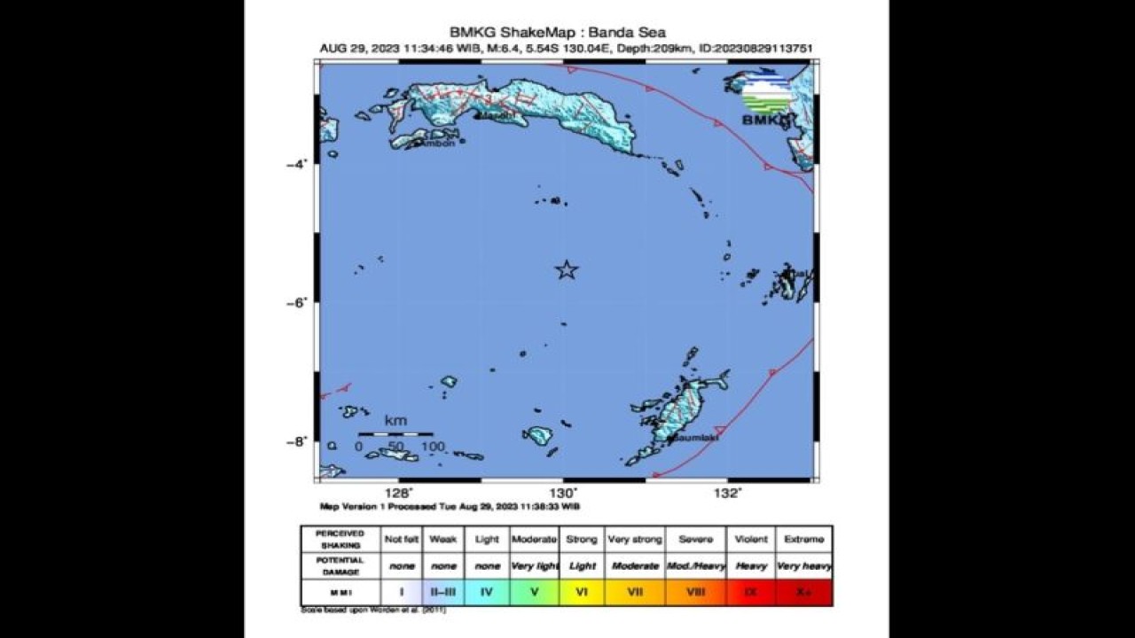 Tangkapan layar - Peta pusat gempa bumi magnitudo 6,4 di wilayah Laut Banda, Maluku pukul 11.34 WIB, Selasa (29/8/2023). (ANTARA/HO-BMKG)