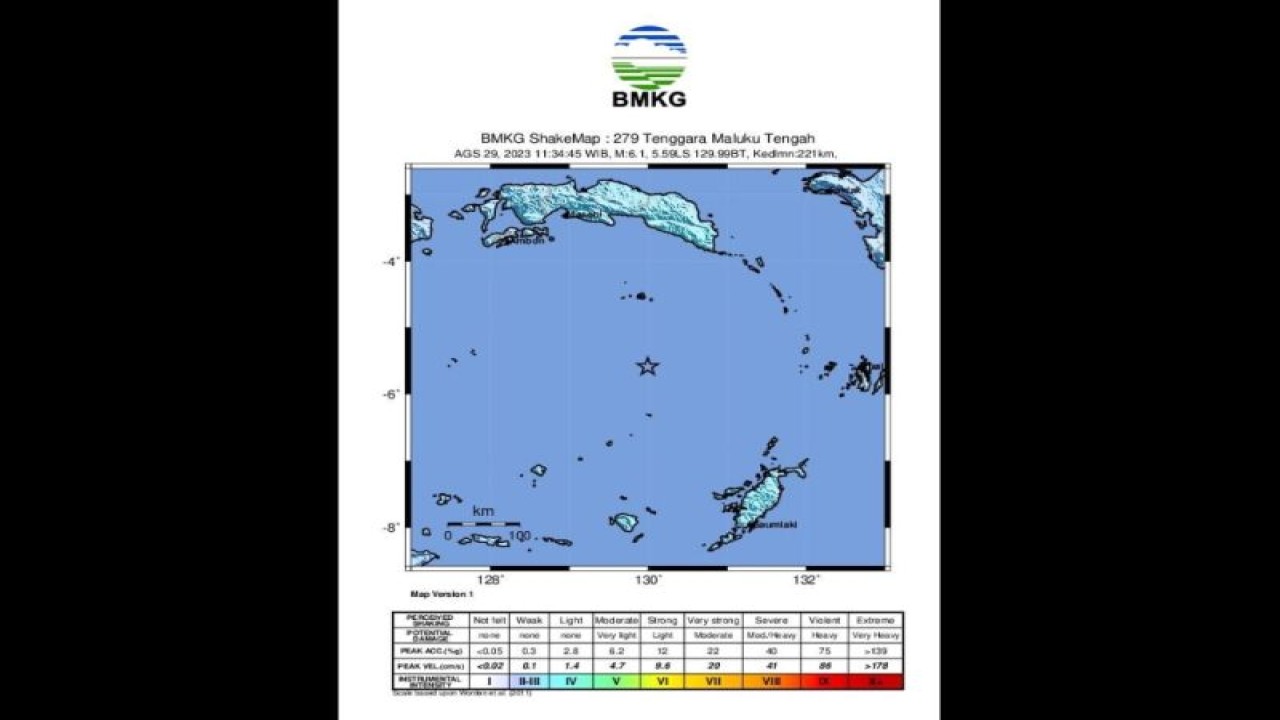 Tangkapan layar - Peta pusat gempa magnitudo 6,1 di wilayah di Laut Banda, Maluku Tengah, Maluku yang dirilis BMKG, Selasa (29/8/2023). (ANTARA/HO-BMKG)