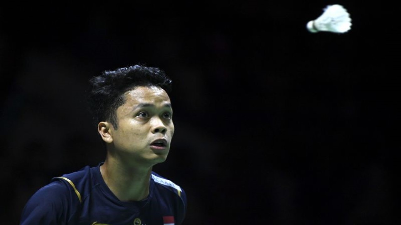Pebulu tangkis tunggal putra Indonesia Anthony Sinisuka Ginting melihat kok saat melawan pebulu tangkis tunggal putra China Li Shi Feng dalam babak semifinal Indonesia Open 2023 di Istora Senayan, Jakarta, Sabtu (17/6/2023). Ginting melaju ke final Indonesia Open usai kalahkan Li Shi Feng dalam dua gim langsung (21-17, 21-15). ANTARA FOTO/M Risyal Hidayat/nz