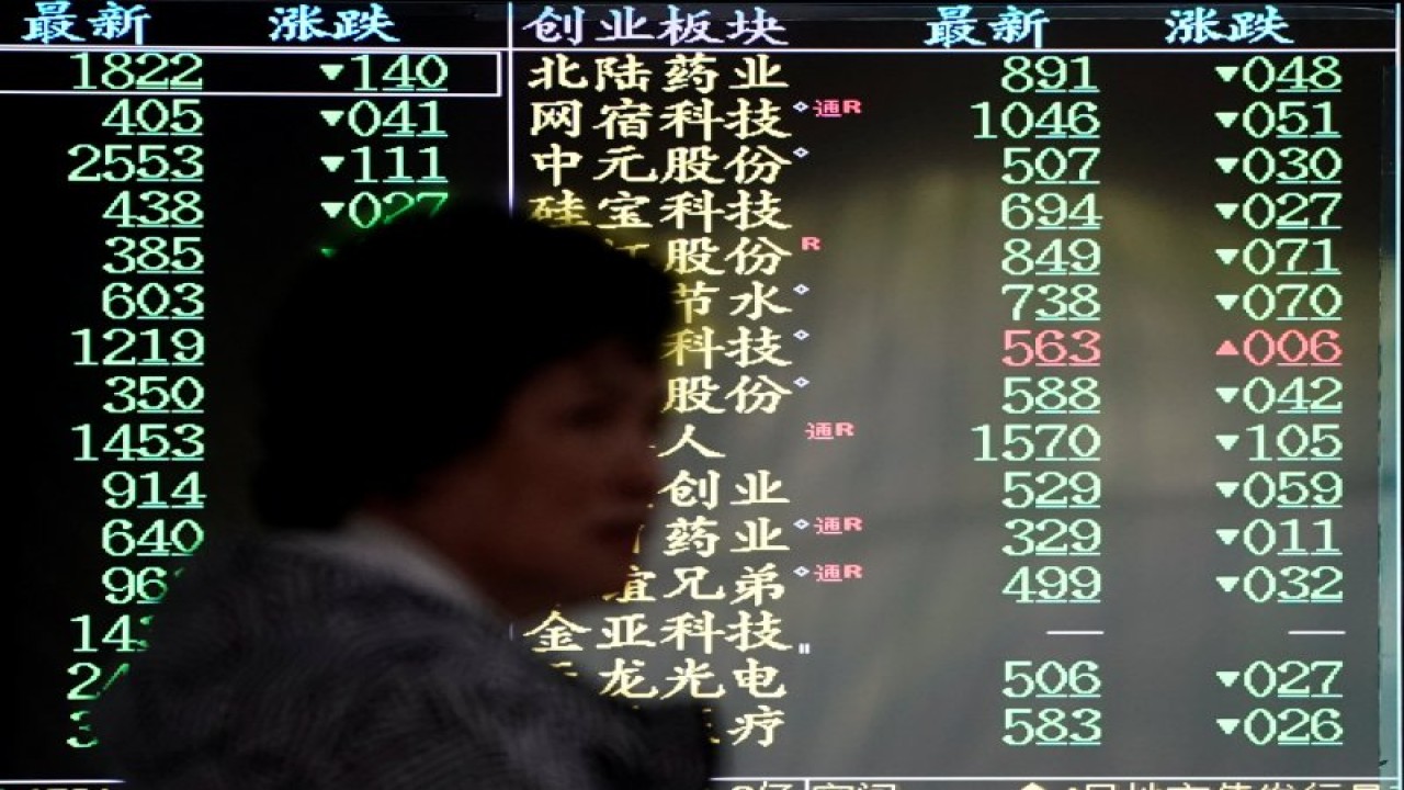 Arsip Foto - Seorang investor berjalan melewati layar yang memperlihatkan informasi saham di sebuah rumah pialang di Shanghai, China, Senin (6/5/2019). REUTERS/ALY SONG.