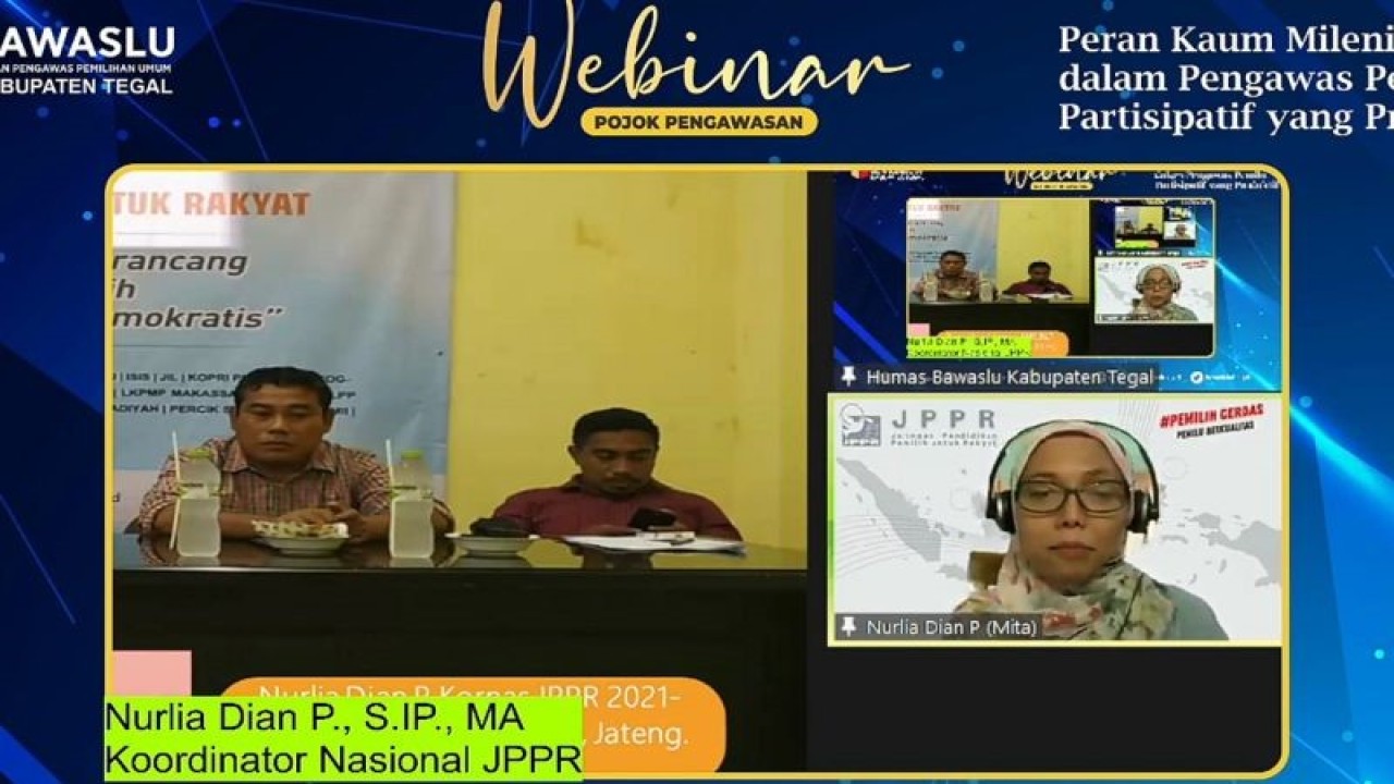 Tangkapan layar - Koordinator Nasional Jaringan Pendidikan Pemilih untuk Rakyat (JPPR) Nurlia Dian Paramita dalam webinar bertajuk "Peran Kaum Milenial dalam Pengawasan Pemilu Partisipatif yang Produktif", sebagaimana dipantau melalui kanal YouTube Bawaslu Kab Tegal, di Jakarta, Rabu (9/11/2022). ANTARA/Tri Meilani Ameliya.