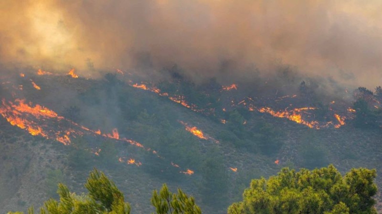 Api berkobar saat kebakaran hutan terjadi di dekat desa Malona di pulau Rhodes, Yunani, Senin (24/7/2023). Kebakaran yang terjadi sejak Rabu lalu di Rhodes menyebabkan 19.000 orang meninggalkan rumah dan hotel saat akhir pekan​​​​​​​ karena kebakaran masih belum bisa dikendalikan. ANTARA FOTO/Lefteris Damianidis/nym.