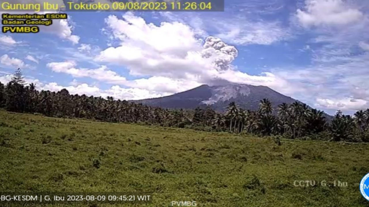 Pemandangan Gunung Ibu di Maluku Utara pada Rabu (9/8/2023). (ANTARA/HO-PVMBG)