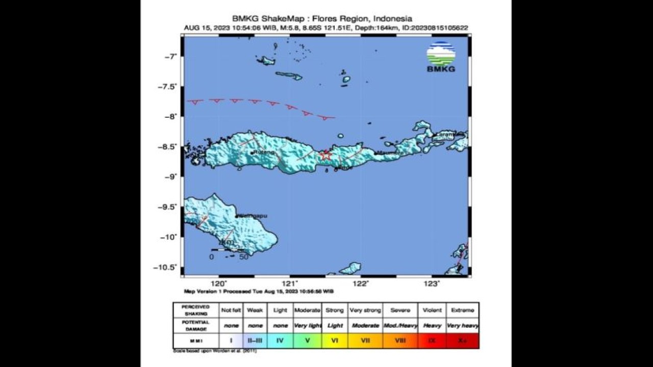 Tangkapan layar - Peta pusat gempa magnitudo 5,8 wilayah timur laut, Mbay, Nagekeo, NTT Selasa (15/8/2023). (ANTARA/HO-BMKG)