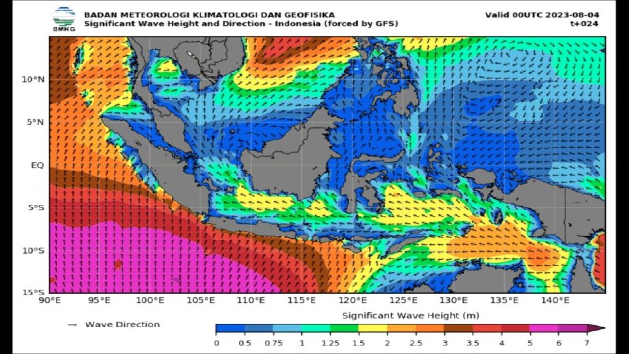 Peta potensi gelombang tinggi yang dirilis Badan Meteorologi Klimatologi, dan Geofisika (BMKG) pada Jumat (4/8/2023). (ANTARA/HO-BMKG)