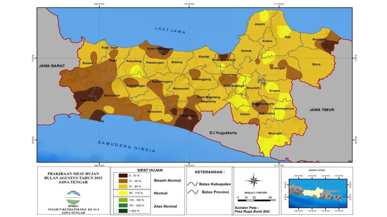 Peta prakiraan sifat hujan pada bulan Agustus 2023 di wilayah Jawa Tengah. ANTARA/HO-BMKG
