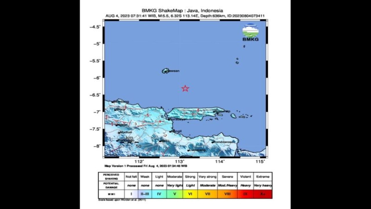 Peta pusat gempa berlokasi di laut magnitudo 5,5 di wilayah timur laut Bangkalan, Jawa Timur, Jumat (4/8/2023). (ANTARA/HO-BMKG)