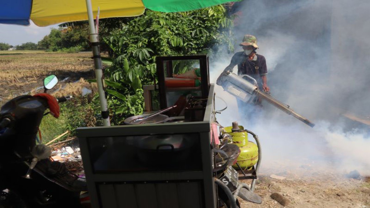 Petugas melakukan pengasapan di Dusun Soko, Desa Pacarpeluk, Kecamatan Megaluh, Kabupaten Jombang, Jawa Timur, Jumat (12/5/2023). Pengasapan tersebut dilakukan guna mencegah gigitan nyamuk Aedes Aegypti menyusul adanya temuan kasus 43 orang yang tercatat mengalami gejala chikungunya. ANTARA FOTO/Syaiful Arif//foc