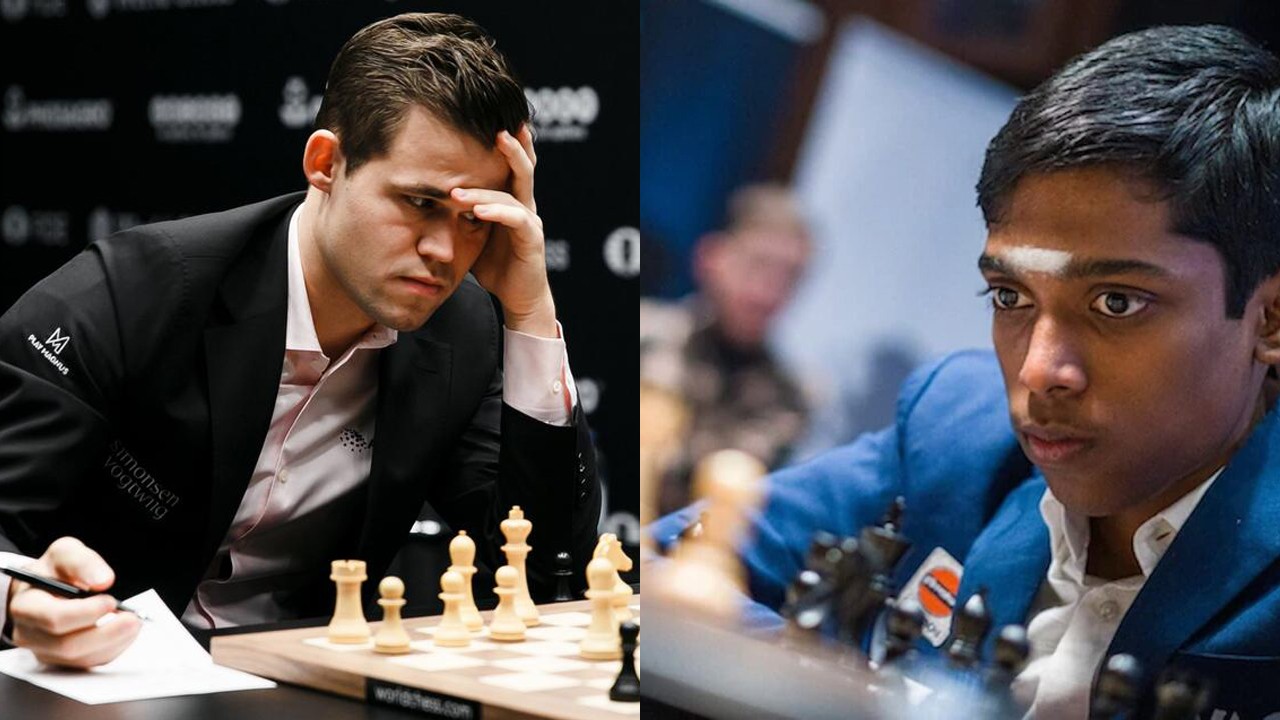 GM Magnus Carlsen (kiri) vs GM Rameshbabu Praggnanandhaa