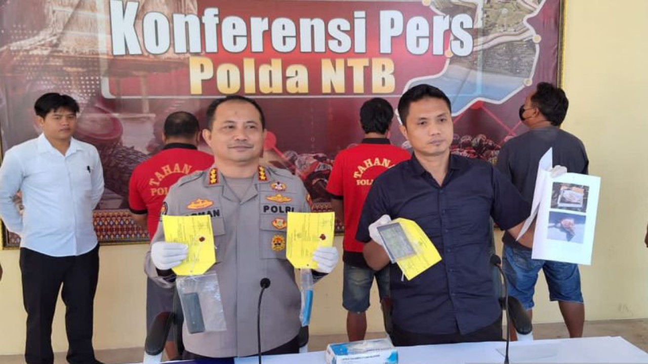 Kepala Bidang Humas Polda NTB Kombes Polisi Arman Asmara Syarifuddin (kiri depan) dan Kanit Gakkum Ditpolairud Polda NTB Kompol Agus Purwanta menunjukkan tersangka dan barang bukti hasil pengungkapan kasus perdagangan daging penyu hijau di Mataram, Selasa (1/8/2023). (ANTARA/HO-Polda NTB)