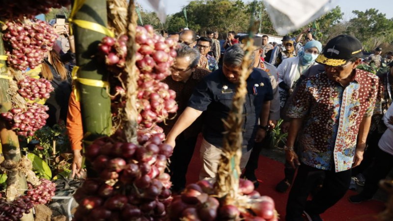 Dirjen Hortikultura Kementerian Pertanian Prihasto Setyanto bersama Gubernur DIY Sri Sultan Hamengku Buwono X saat meninjau stan komoditas bawang merah di Kabupaten Bantul, Daerah Istimewa Yogyakarta. Kamis (24/8/2023) sore. (ANTARA/HO-Kominfo Pemkab Bantul)