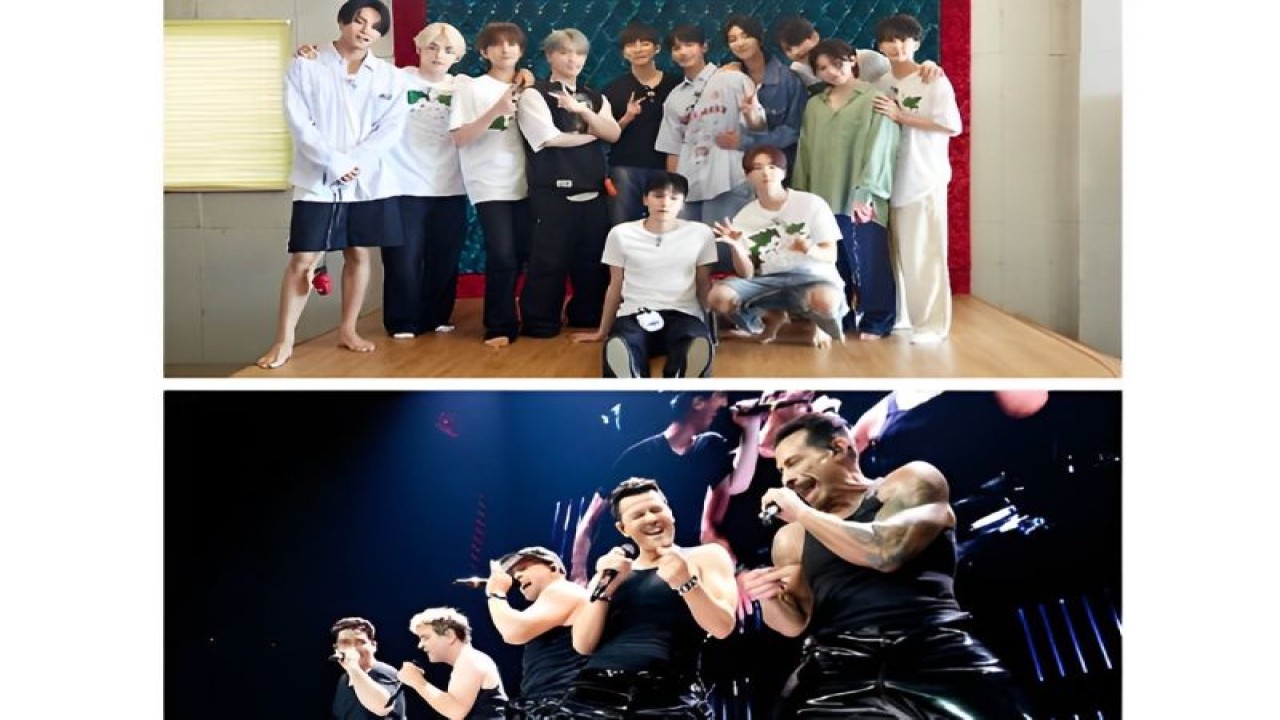 Grup musik asal Korea Selatan SEVENTEEN (atas) dan grup musik asal Amerika Serikat NKOTB (bawah). (ANTARA/X/pledis_17 dan NKOTB)