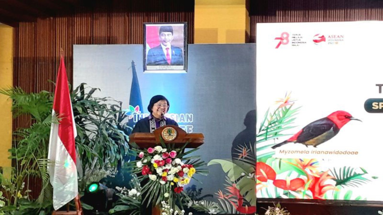 Menteri Lingkungan Hidup dan Kehutanan Siti Nurbaya Bakar dalam acara diskusi kelompok terarah penemuan baru tumbuhan dan satwa liar di Gedung Manggala Wanabakti, Jakarta, Senin (21/8/2023). (ANTARA/Lintang Budiyanti Prameswari)