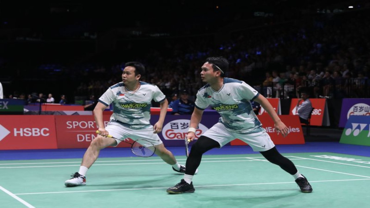 Ganda putra Hendra Setiawan/Mohammad Ahsan saat menghadapi Giovanni Greco/David Salutt (Italia), Rabu malam waktu Copenhagen, Denmark. (ANTARA/HO-PP PBSI)