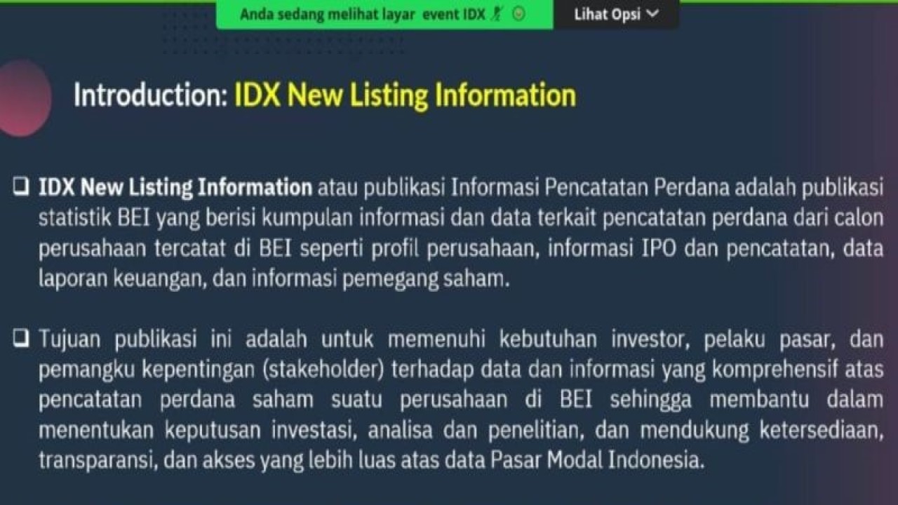 Tangkapan layar materi mengenai publikasi statistik baru bernama IDX New Listing Information secara daring di Jakarta, Rabu (20/9/2023). ANTARA/ Muhammad Heriyanto.