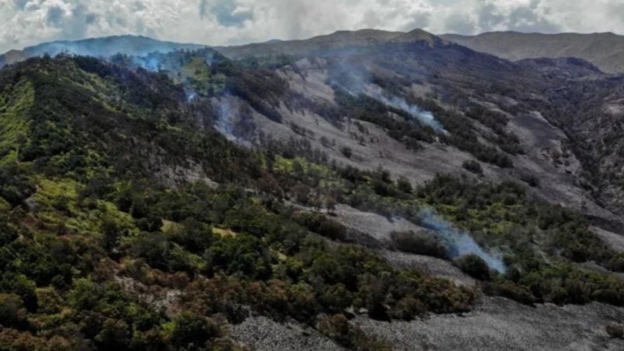 Kondisi lahan yang terbakar di Gunung Bromo terlihat dari Pos Jemplang, Malang, Jawa Timur, Selasa (12/9/2023). ANTARA FOTO/Muhammad Mada