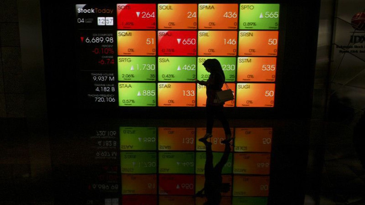 Pekerja berjalan di depan layar yang menampilkan pergerakan saham di Bursa Efek Indonesia, Jakarta, Selasa (4/7/2023). ANTARA FOTO/Hafidz Mubarak A/tom.