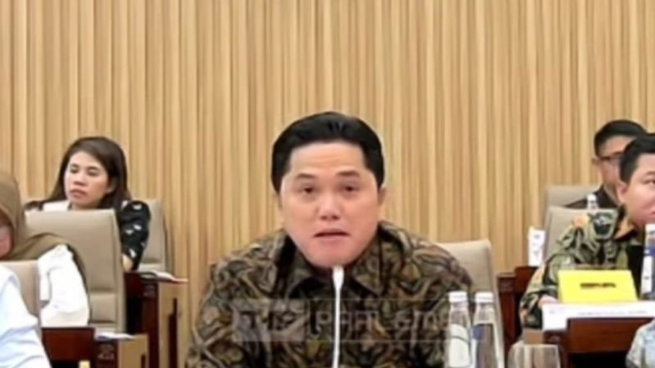 Tangkapan layar Menteri Badan Usaha Milik Negara (BUMN) saat menghadiri Rapat Dengar Pendapat bersama Komisi VI DPR RI di Jakarta, Kamis (31/8/2023). ANTARA/YouTube/Komisi VI DPR RI