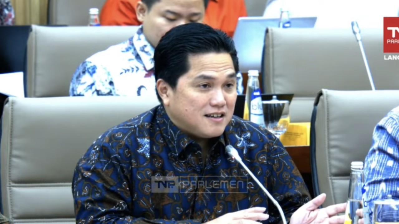 Tangkapan layar Menteri Badan Usaha Milik Negara (BUMN) Erick Thohir dalam Rapat Kerja bersama Komisi VI DPR RI di Jakarta, Kamis (14/9/2023). (ANTARA/Adimas Raditya)
