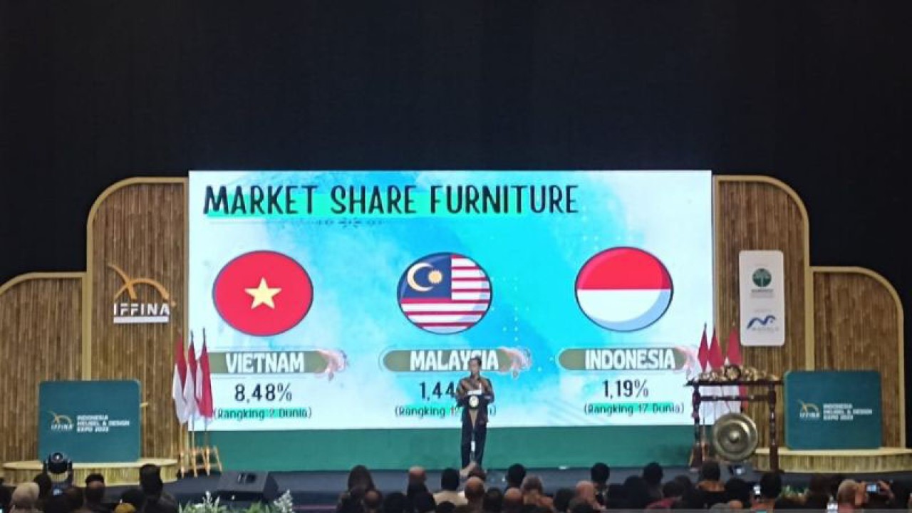 Presiden Joko Widodo (Jokowi) memberikan sambutan di IFFINA 2023 Indonesia Meubel and Design Expo di Tangerang, Banten, Kamis (14/9/2023). ANTARA/Indra Arief Pribadi