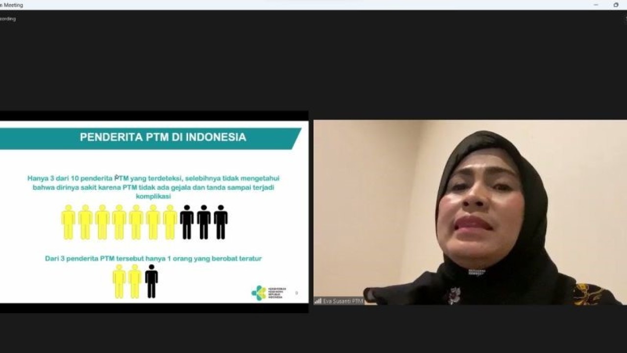 Tangkapan layar Direktur Pencegahan dan Pengendalian Penyakit Tidak Menular Kementerian Kesehatan (Kemenkes) Eva Susanti, dalam konferensi pers terkait Hari Jantung Sedunia 2023 yang diikuti secara daring di Jakarta, Senin (25/9/2023). (ANTARA/Sean Muhamad) (ANTARA/Sean Muhamad)