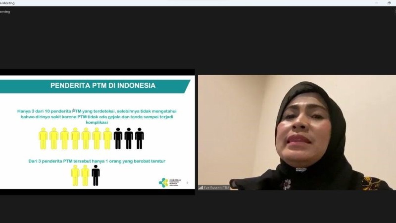 Tangkapan layar Direktur Pencegahan dan Pengendalian Penyakit Tidak Menular Kementerian Kesehatan (Kemenkes) Eva Susanti, dalam konferensi pers terkait Hari Jantung Sedunia 2023 yang diikuti secara daring di Jakarta, Senin (25/9/2023). (ANTARA/Sean Muhamad)