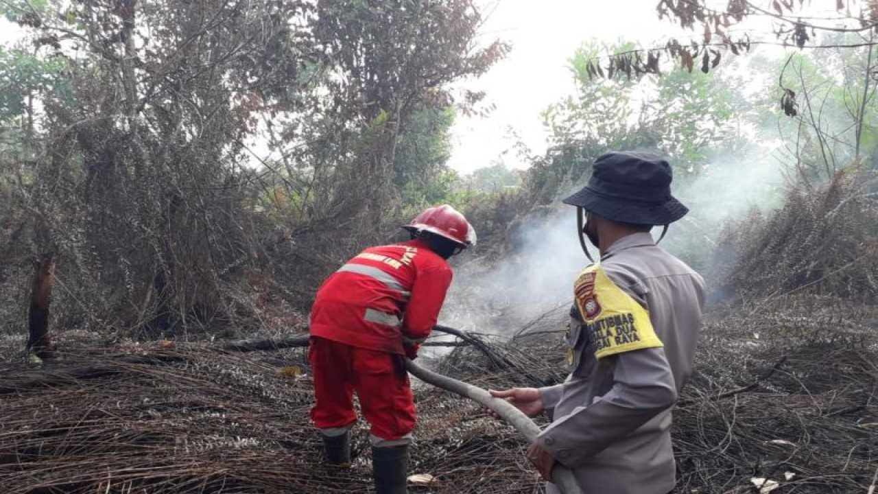 Manggala Agni KLHK bersama aparat kepolisian berusaha memadamkan api yang membakar lahan gambut di Kalimantan Barat. (ANTARA/HO-Kementerian LHK)