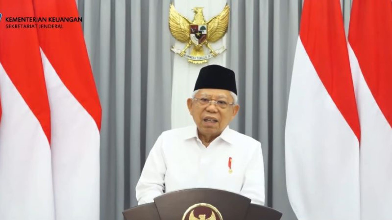 Tangkapan layar - Wakil Presiden Ma’ruf Amin memberikan sambutan secara daring pada acara Bincang Ekonomi Syariah Terkinie (Bestie) dengan tema “Transaksi Syariah, kebutuhan atau Gaya Hidup?”, yang diselenggarakan KNEKS, Ekonomi Syariah, Sekretariat Jenderal Kementerian Keuangan, LinkAja Syariah dan Majelis Ulama Indonesia (MUI) ,di Jakarta, Rabu (27/9/2023). ANTARA/Rangga Pandu Asmara Jingga