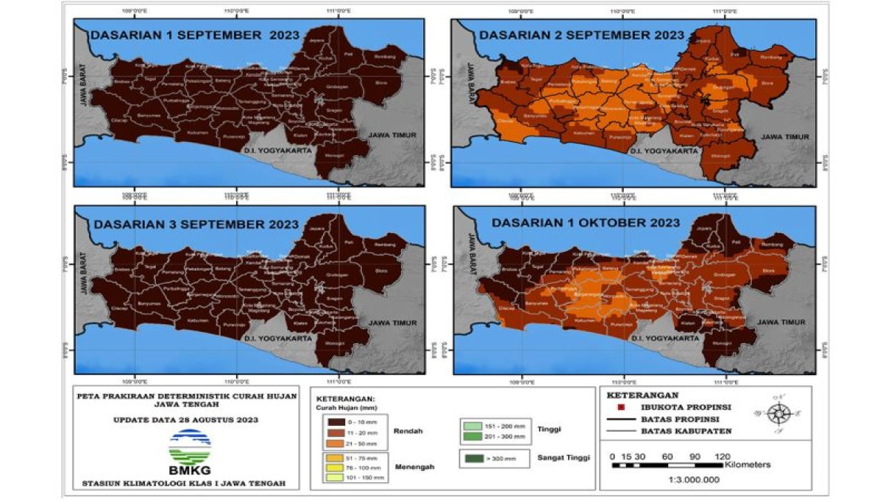 Peta prakiraan deterministik curah hujan pada September 2023 di wilayah Jawa Tengah. ANTARA/HO-BMKG
