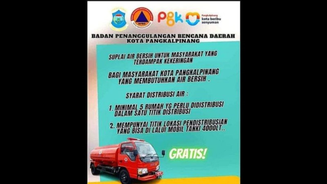 Poster bantuan air bersih untuk warga Pangkalpinang. (ANTARA/HO-BPBD Kota Pangkalpinang.)