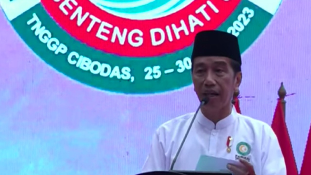 Tangkapan layar - Presiden Joko Widodo saat memberikan sambutan dalam Pembukaan Jambore Nasional Dai Desa Madani Parmusi 2023 di Kabupaten Cianjur, Jawa Barat, Selasa (26/9/2023). (ANTARA/Indra Arief)