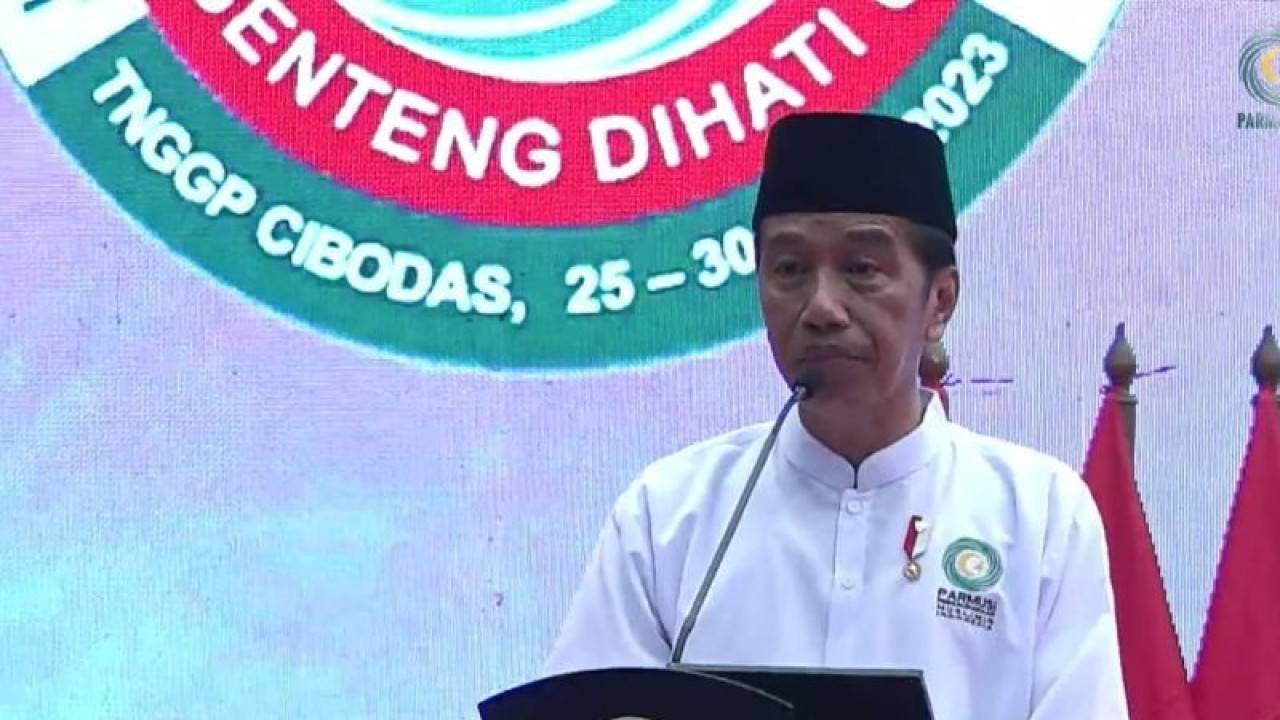 Tangkapan layar Presiden Joko Widodo memberikan sambutan pada acara pembukaan Jambore Nasional Dai Desa Madani Parmusi di Taman Nasional Gunung Gede Pangrango, Cibodas, Cianjur, Jawa Barat, Selasa (26/9/2023). ANTARA/Rangga Pandu Asmara Jingga