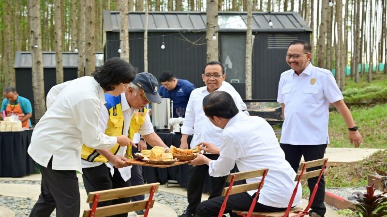 Presiden Joko Widodo (duduk) bersama sejumlah menteri Kabinet Indonesia Maju di kawasan Ibu Kota Nusantara, Kalimantan Timur, Jumat (22/9/2023). ANTARA/HO-Biro Pers Sekretariat Presiden