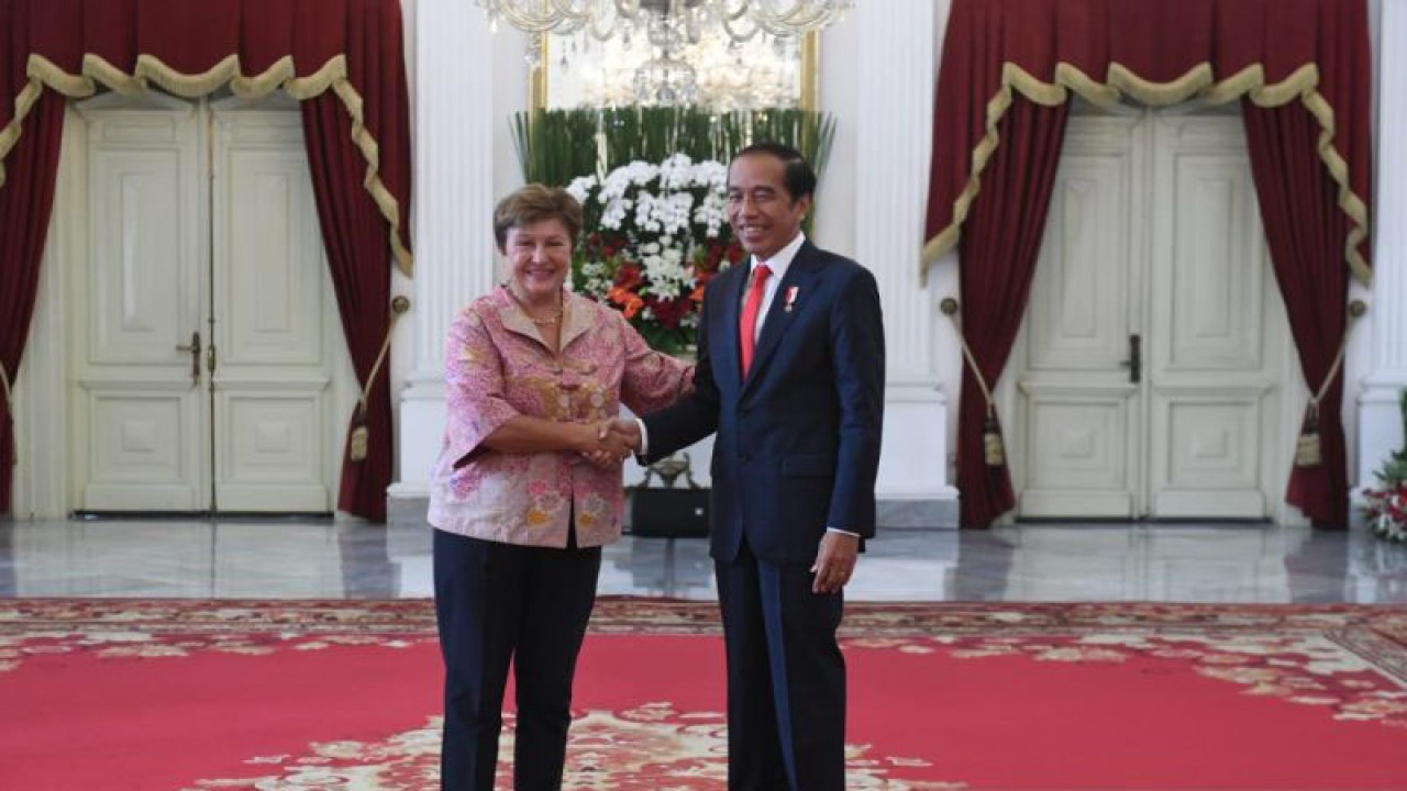 Presiden RI Joko Widodo saat menerima Direktur Pelaksana Dana Moneter Internasional Kristalina Georgieva di Istana Merdeka, Jakarta, Senin (4/9/2023). (ANTARA/Hafidz Mubarak)