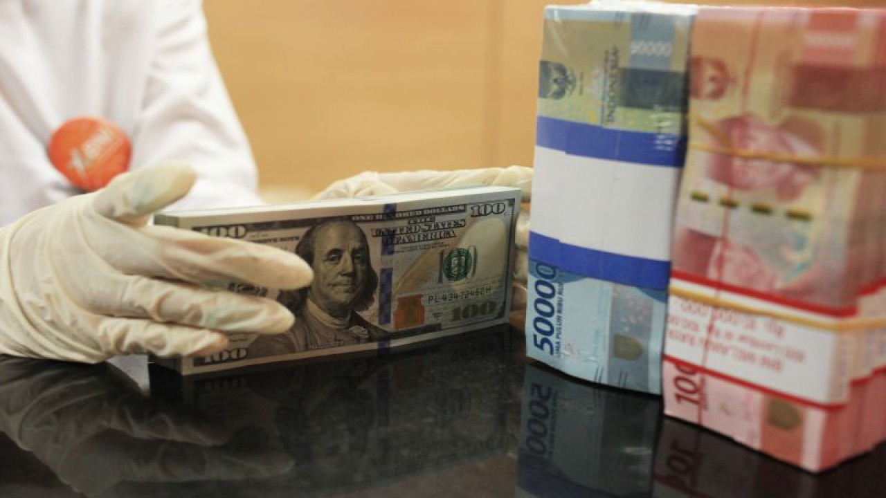 Petugas menghitung uang dolar AS dan uang Rupiah di salah satu kantor cabang Bank BNI KCU Melawai, Jakarta, Selasa (16/8/2022). ANTARA FOTO/Reno Esnir/foc.