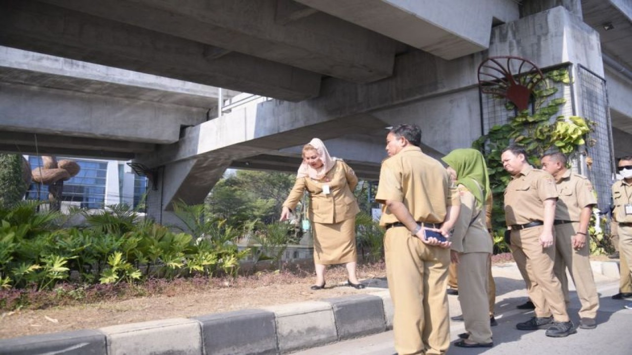 Wali Kota Semarang Hevearita Gunaryanti Rahayu saat mengecek taman-taman kota mengantisipasi musim panas dampak El Nino, di Kota Semarang, Senin (4/9/2023). (FOTO ANTARA/HO-Pemkot Semarang)