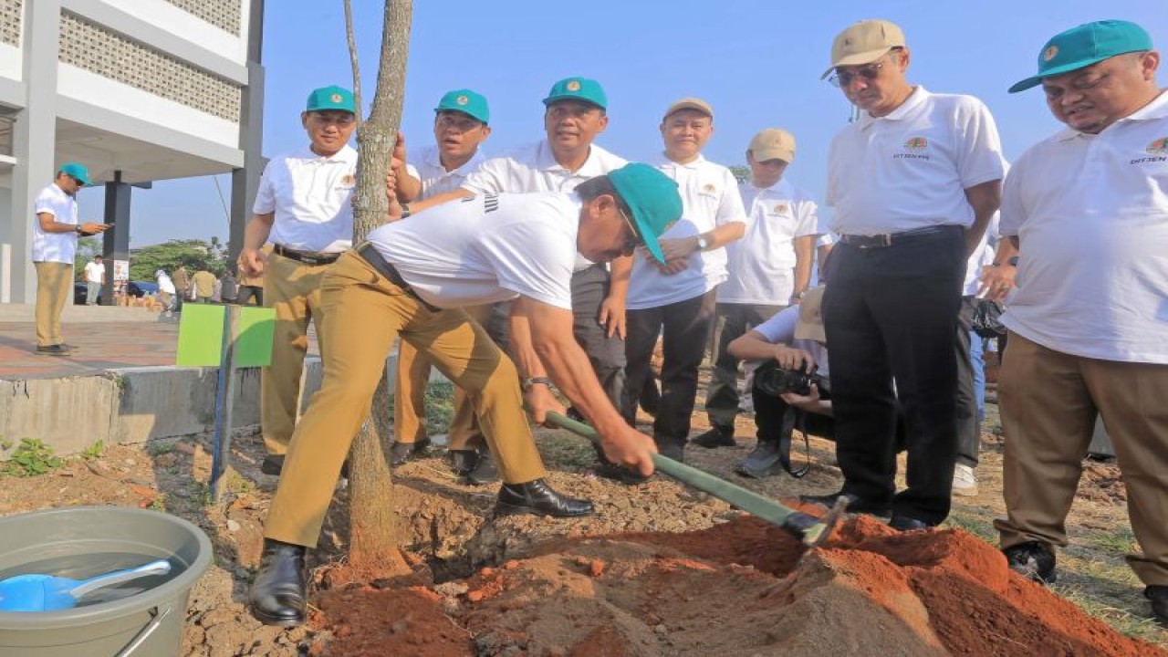 Wakil Wali Kota Sachrudin saat melakukan penanaman pohon pada acara kegiatan aksi tanam pohon bersama dengan Direktorat Jenderal Pengelolaan Hutan Lestari KLHK di GOR Gondrong, Kecamatan Cipondoh, Selasa. HO/Pemkot Tangerang