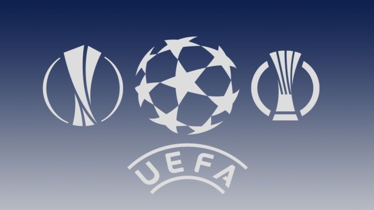 Ilustrasi logo tiga kompetisi klub Eropa yang bergulir musim 2021/22 yakni Liga Champions (tengah), Liga Europa (kiri) dan Liga Conference. (ANTARA/Gilang Galiartha)