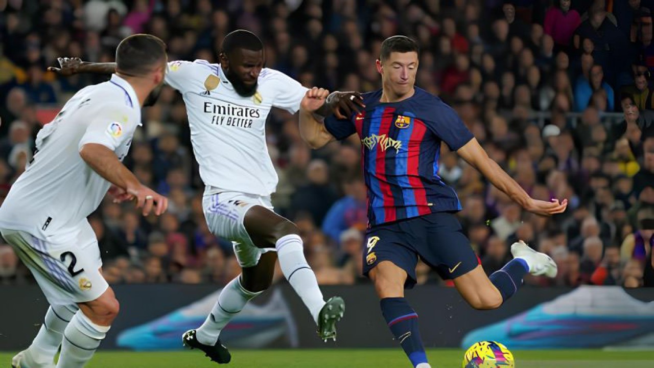 Striker FC Barcelona Robert Lewandowski dan dua bek Real Madrid Antonio Rudiger dan Dani Carvajal dalam laga El Clasico musim 2022/2023. (ANTARA/HO/LALIGA)