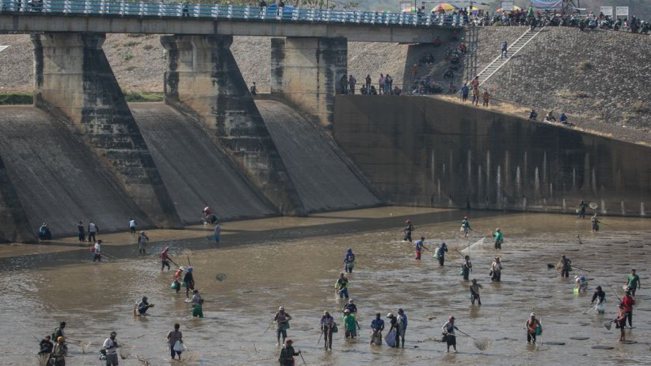 Warga mencari ikan memanfaatkan ditutupnya saluran irigasi Bendungan Colo di Nguter, Sukoharjo, Jawa Tengah, Senin (16/10/2022). Bendungan Colo yang mengairi lahan pertanian seluas sekitar 25 ribu hektare di Kabupaten Wonogiri, Sukoharjo, Klaten, Karanganyar, Sragen hingga Ngawi itu ditutup sementara selama satu bulan untuk dilakukan pemeliharaan dan menyusutnya saluran air irigasi tersebut dimanfaatkan warga untuk mencari ikan. ANTARA FOTO/Mohammad Ayudha/tom.. (ANTARA FOTO/MOHAMMAD AYUDHA)