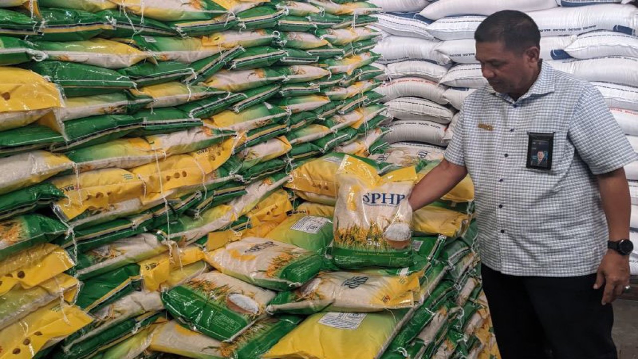 Pemimpin Wilayah Perum Bulog Kanwil Sumut Arif Mandu saat mengecek beras Stabilisasi Pasokan dan Harga Pangan (SPHP) di Gudang Bulog Baru (GBB) Pulo Brayan Darat I, Medan, Rabu (11/10/2023). ANTARA/Michael Siahaan.