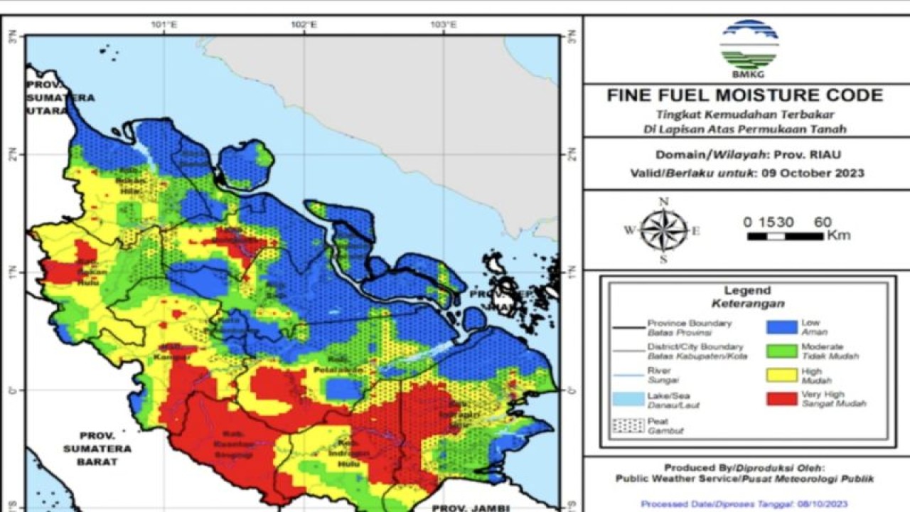 Peta potensi kemudahan kebakaran di atas permukaan tanah di Provinsi Riau dengan yang sangat tinggi berpotensi di Kabupaten Indragiri Hulu. (ANTARA/HO-BMKG Stasiun Pekanbaru)