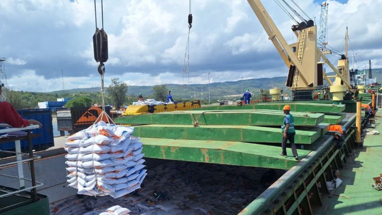 Pekerja sedang mengawasi kegiatan bongkar beras impor asal Vietnam di Pelabuhan Malahayati Kabupaten Aceh Besar (ANTARA/M Ifdhal)