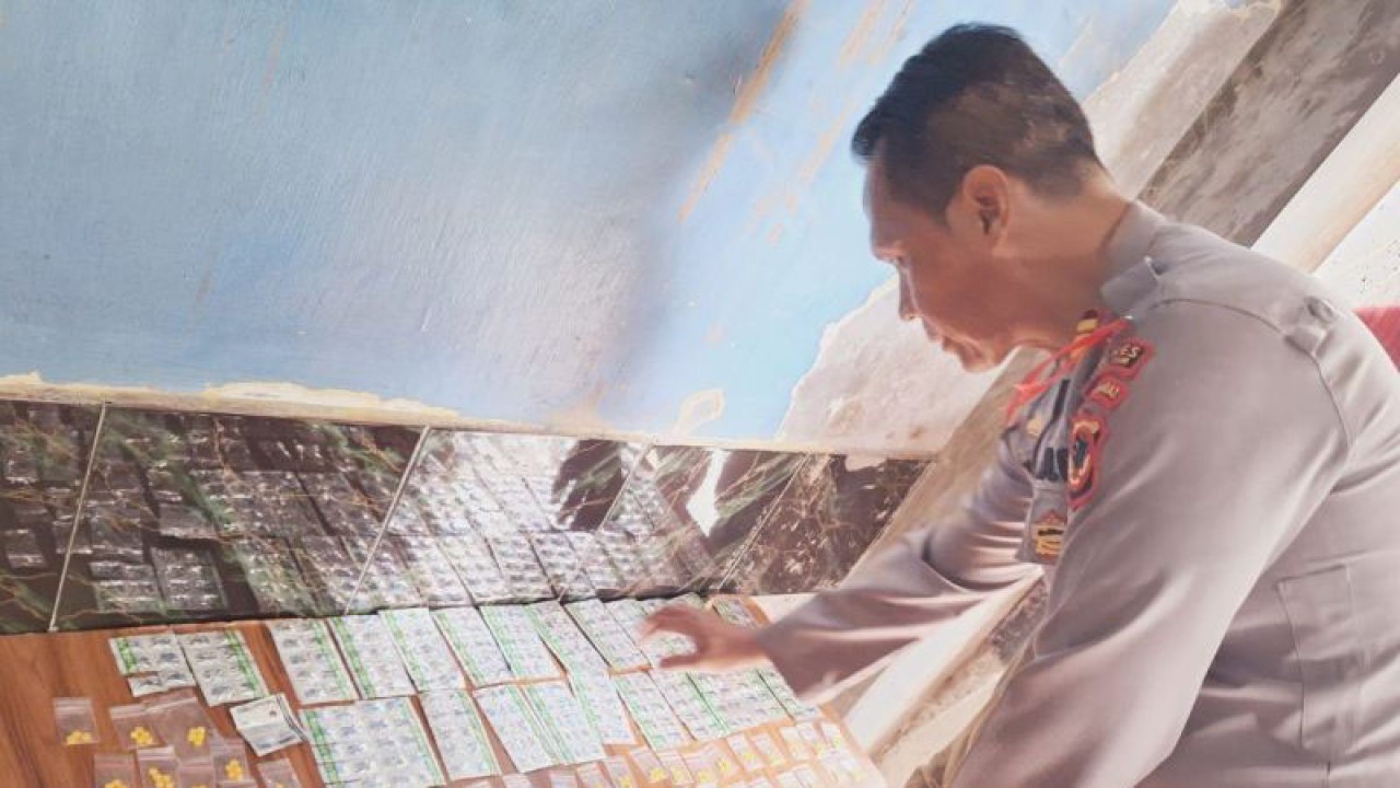 Kapolsek Cugenang, Kabupaten Cianjur, Jawa Barat, AKP Tedi Setiadi saat mengamankan barang bukti ratusan obat terlarang dari pengendar AS di dalam tenda bekas pengungsian, Jumat (20/10/2023). ANTARA/Ahmad Fikri.