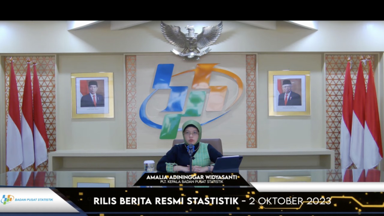 Plt. Kepala BPS Amalia Adininggar Widyasanti memberikan pemaparan dalam Rilis Perkembangan Indeks Harga Konsumen edisi Oktober 2023 di Jakarta, Senin (2/10/2023). (ANTARA/Imamatul Silfia)