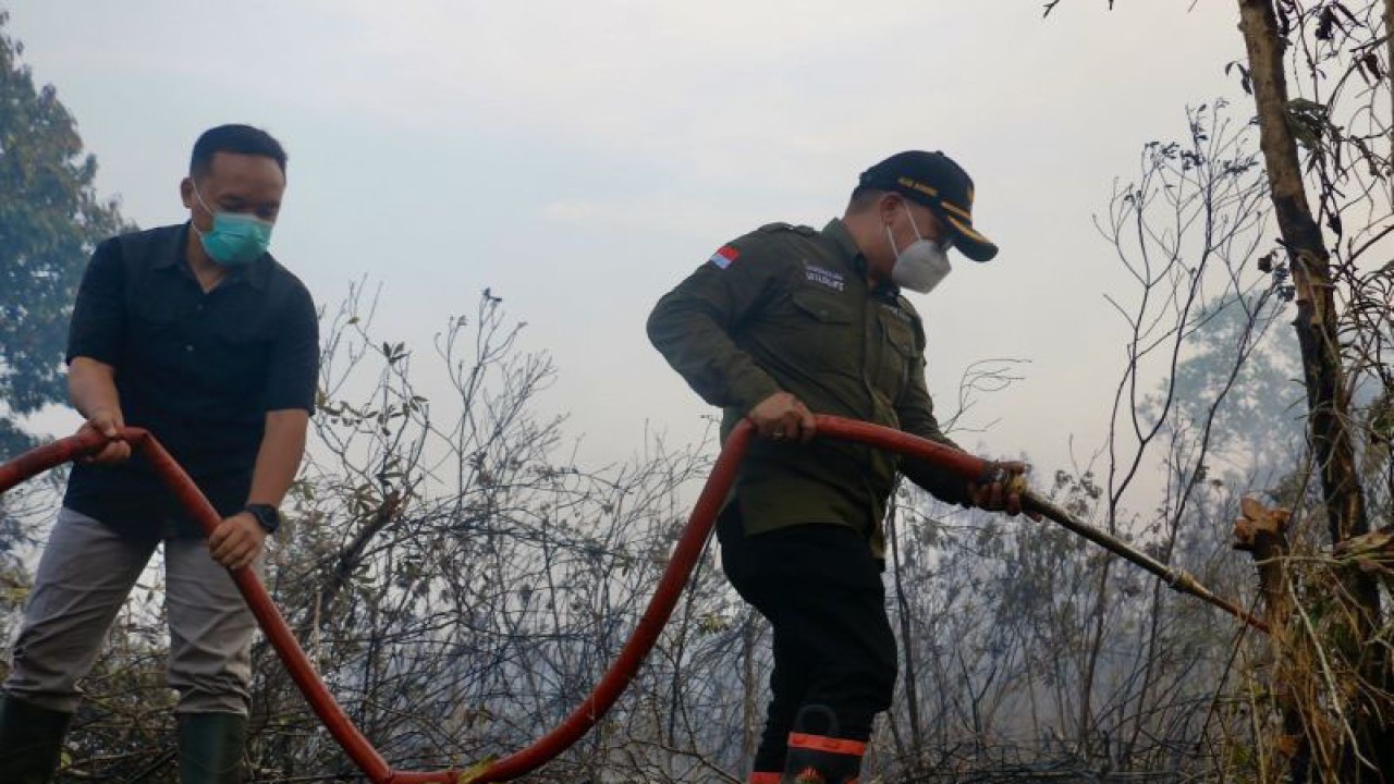 Wakil Menteri Lingkungan Hidup dan Kehutanan (LHK) Alue Dohong (kanan) didampingi Danrem 101/Antasari Brigjen TNI Ari Aryanto (kiri) melakukan pendinginan area kebakaran hutan dan lahan (karhutla) di Hutan Lindung Kabupaten Banjar, Kalimantan Selatan, beberapa waktu lalu. ANTARA/Tumpal Andani Aritonang