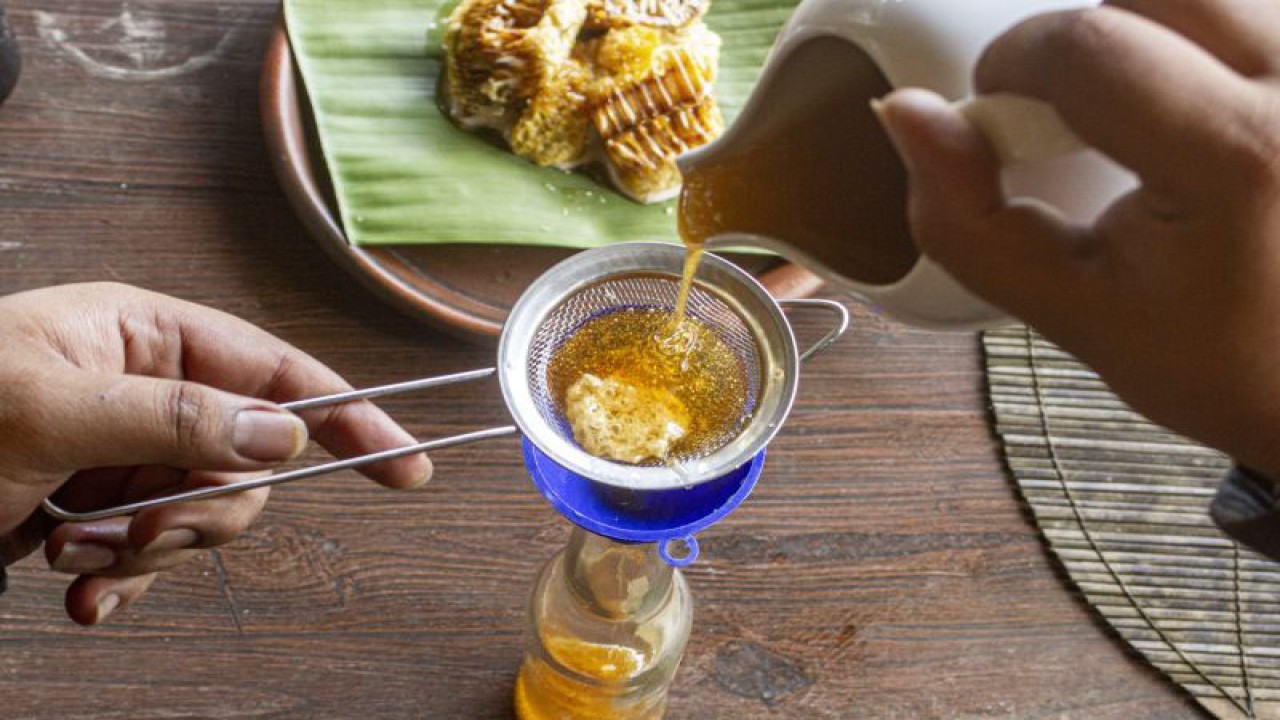 Arsip foto - Pedagang menyaring madu hutan dari lebah madu raksasa (Apis Dorsata) di Saung Ocho, Desa Sukaharja, Telukjambe Timur, Karawang, Jawa Barat, Sabtu (11/4/2020). (ANTARA FOTO/M Ibnu Chazar/hp)